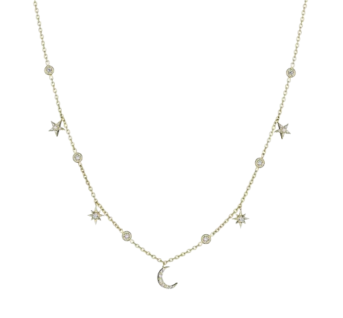 18k Yellow Gold & Diamond Hanging Moon & Star Charm Necklace