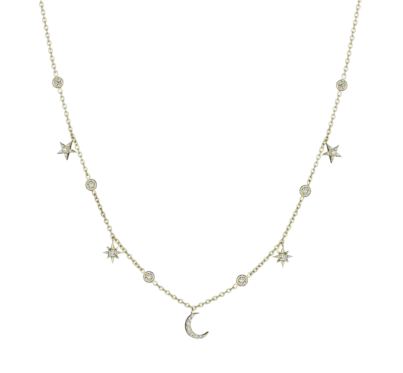 18k Yellow Gold & Diamond Hanging Moon & Star Charm Necklace