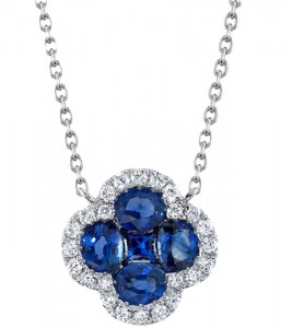 14k White Gold, Diamond & Sapphire Clover Necklace