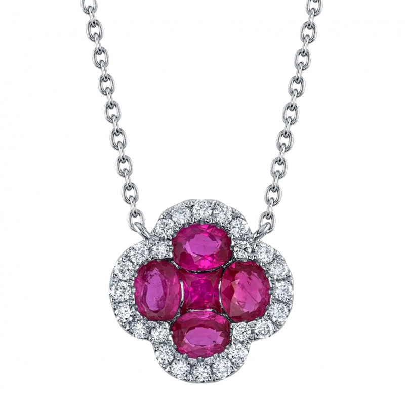 14k White Gold & Ruby Clover Pendant Necklace