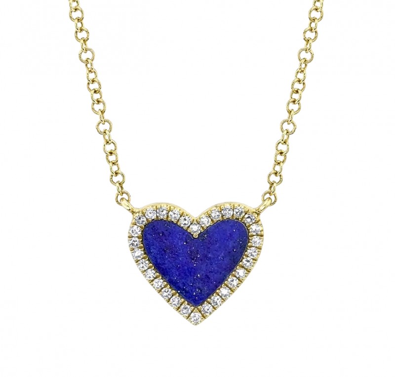 14k Yellow Gold, Diamond & Lapis Heart Pendant Necklace