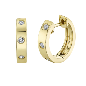 14k Yellow Gold & Diamond Huggie Hoop Earrings