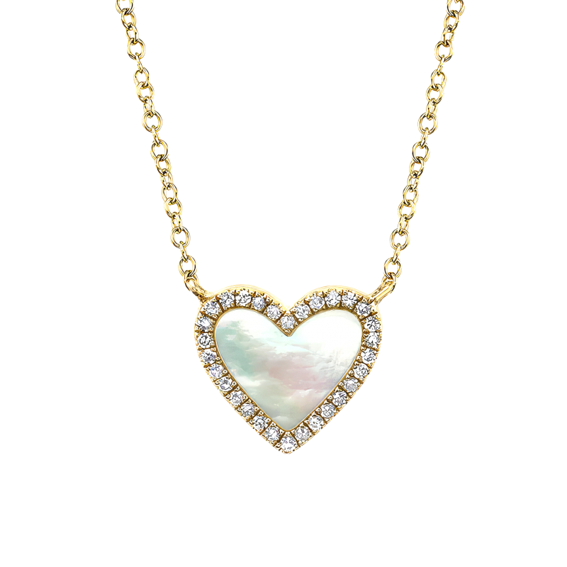 14k Yellow Gold, Diamond & Mother of Pearl Heart Necklace.
