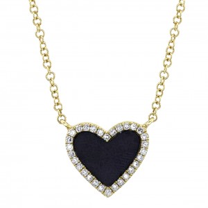 14k Yellow Gold, Diamond & Onyx Heart Pendant Necklace