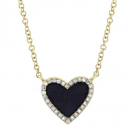 14k Yellow Gold, Diamond & Onyx Heart Pendant Necklace