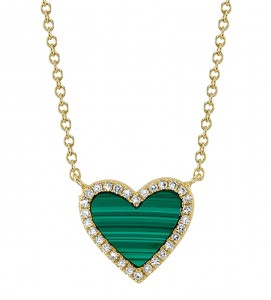 14k Yellow Gold, Diamond & Malachite Heart Pendant Necklace