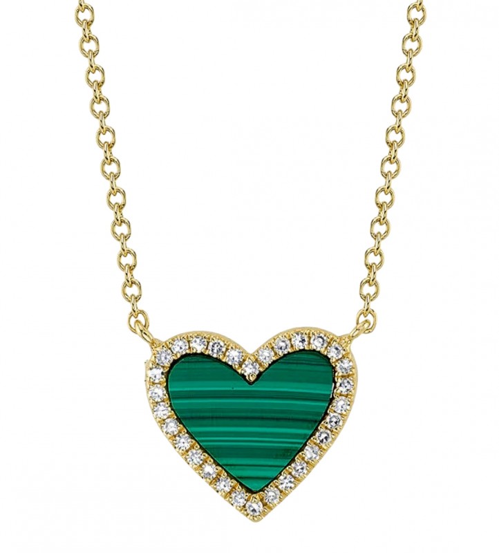14k Yellow Gold, Diamond & Malachite Heart Pendant Necklace