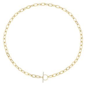 14k Yellow Gold & Diamond Paper Clip Link Necklace with Pave Diamond Toggle Clasp