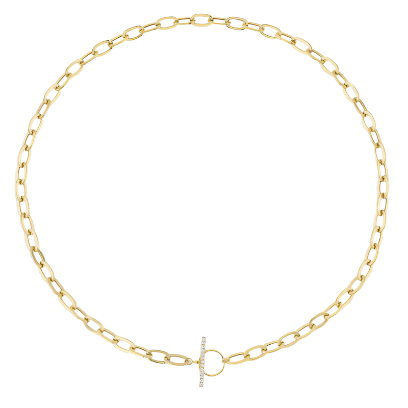 14k Yellow Gold & Diamond Paper Clip Link Necklace with Pave Diamond Toggle Clasp