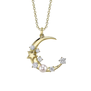 14k Yellow Gold, Cultured Pearl & Diamond Crescent Moon & Star Necklace