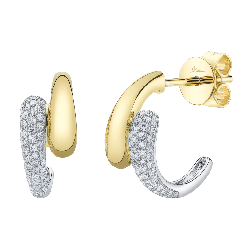 14k Yellow & White Gold Pave Diamond Huggie Earrings