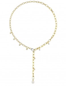 14k Yellow & White Gold Paper Clip Link Necklace with Diamonds & Cultured Pearls