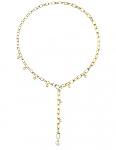 14k Yellow & White Gold Paper Clip Link Necklace with Diamonds & Cultured Pearls