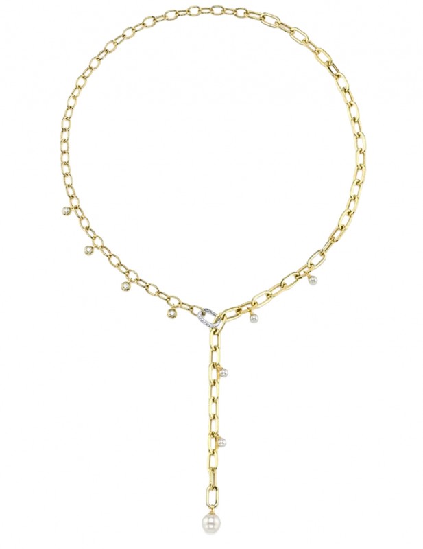 14k Yellow & White Gold Paper Clip Link Necklace with Diamonds & Cultured Pearls