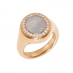 Yellow Gold Mother of Pearl and Diamond Halo Signet Ring