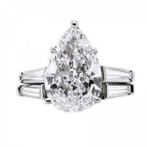 5.04ct Platinum Pear Shape Diamond Engagement Ring with Tapered Baguettes & Matching Band