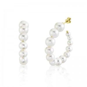 Yellow Gold Round Cultured Pearl Hoop Earrings