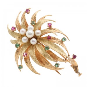 Pearl & Sapphire Yellow Gold Flower Pin