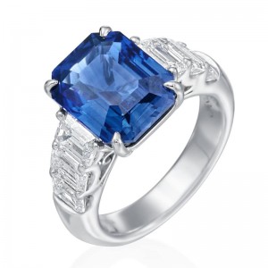 6.94ct Platinum Emerald Cut Royal Blue Sapphire with Diamonds