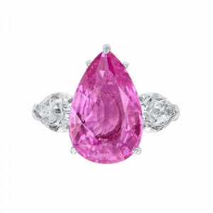 Platinum 3-Stone Pink Sapphire & Diamond Ring Pear Shape with 7.11ct Center