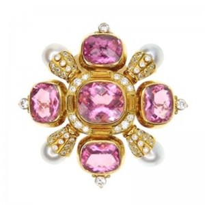 Estate Elizabeth Gage Yellow Gold Pearl, 24.67ctw Pink Tourmaline & 1.67ctw Diamond Kiss Pin