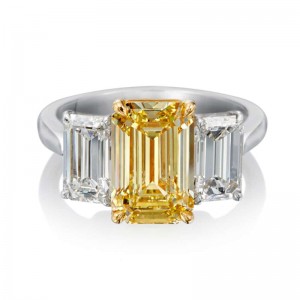 Platinum & Yellow Gold 3-Stone Emerald Cut Fancy Yellow Diamond Ring 3.58ct Center