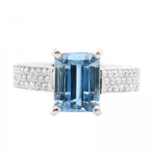 Platinum Emerald Cut Aquamarine Ring with Diamond Bead Set Setting