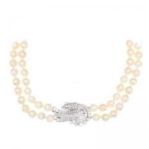 10.80ctw Platinum Diamond & Pearl Cultured White Pearl Necklace