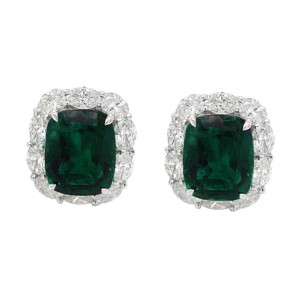 9.05ctw White Gold Cushion Cut Emerald & Diamond Halo Earrings