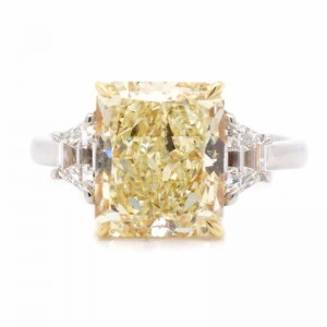 Rahaminov Platinum 3-Stone Radiant Cut Fancy Yellow Diamond Engagement Ring with 5.73ct Center