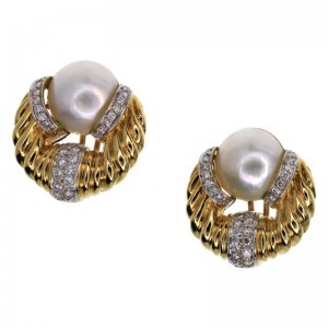 2.00ctw Mabe Yellow Gold Pearl and Diamond Earrings
