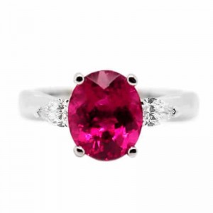 White Gold 3-Stone Pink Tourmaline Ring with Pear Shaped Diamonds with 3.34ct Center