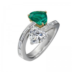 1.57ct Platinum Diamond and 1.28ct Emerald Heart Shaped Bypass Ring