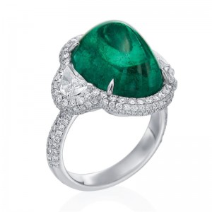 14.68ct White Gold Zambian Oval Cut Cabochon Emerald with Half Moon Diamond Side Stones