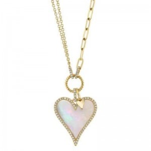 Yellow Gold Diamond & Mother of Pearl Heart Paperclip Link Necklace