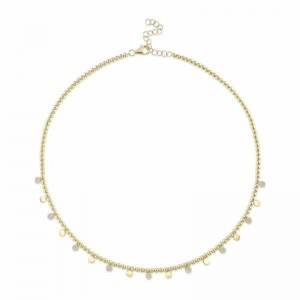 Yellow Gold Diamond Pave Circle Bead Chain Necklace