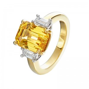 Yellow Gold 3-Stone Emerald Cut Yellow Sapphire and Diamond Ring with 6.53ct Center