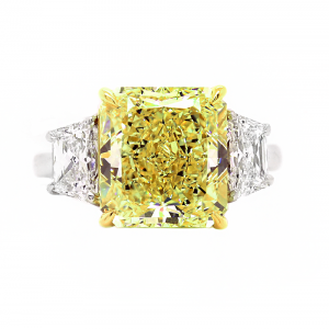 Platinum & Yellow Gold 3-Stone Radiant Cut Fancy Yellow Diamond Engagement Ring with 5.51ct Center