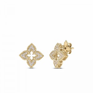 Roberto Coin Yellow Gold Ventian Princess Small Diamond Pave Flower Stud Earrings