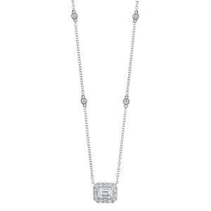 White Gold Emerald Cut Diamond Halo Pendant Necklace