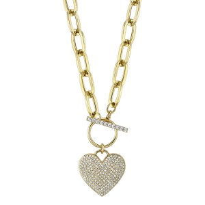 Yellow Gold Heart Pave Paper Clip Link Necklace