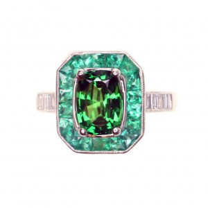 Platinum Tsavorite Emerald and Diamond Halo Ring