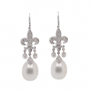 White Gold Fleur de Lis and Pearl and Diamond Drop Earrings