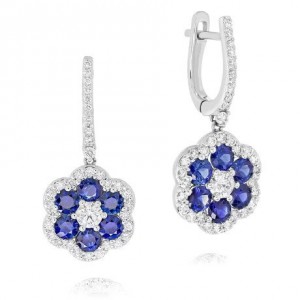 White Gold Clover Flower Diamond and Sapphire Drop Earrings