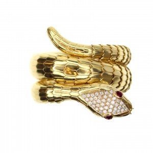 Yellow Gold Diamond & Ruby Snake Coil Bracelet